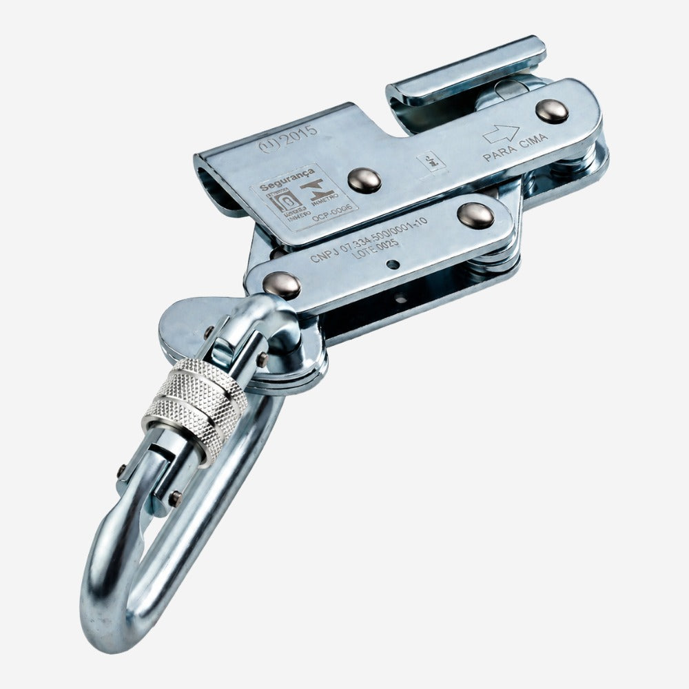 Trava Quedas Deslizante para Linha de Vida Vertical Cabo de Aço 8mm Aço Inox com Mosquetão Classe B 20mm para Cinto Paraquedista Athenas AT 7074 A