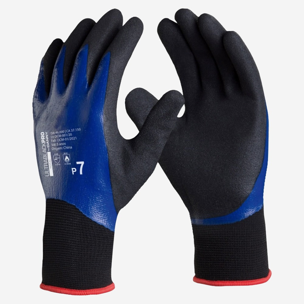 Luva de Proteção Abrasão Altas Temperaturas Até 100º C Nylon com Banho Nitrílico Azul Danny Ultrablack Pro Total DA-46.000 C.A 37150