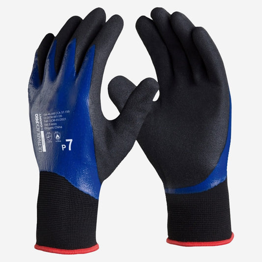 Luva de Proteção Abrasão Altas Temperaturas Até 100º C Nylon com Banho Nitrílico Azul Danny Ultrablack Pro Total DA-46.000 C.A 37150