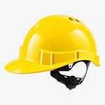 Capacete de segurança Libus Genesis amarelo, CA 36099, vista lateral com jugular ilustrativa não inclusa.