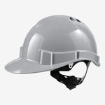 Capacete de segurança Libus Genesis cinza, CA 36099, vista lateral com jugular ilustrativa não inclusa.