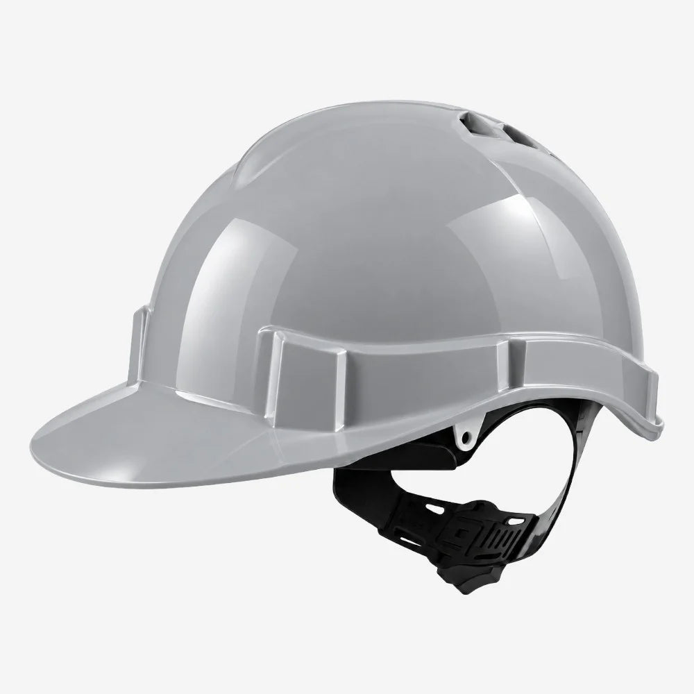 Capacete de segurança Libus Genesis cinza, CA 36099, vista lateral com jugular ilustrativa não inclusa.