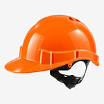 Capacete de segurança Libus Genesis laranja, CA 36099, vista lateral com jugular ilustrativa não inclusa.