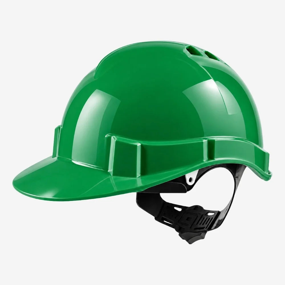 Capacete de segurança Libus Genesis verde, CA 36099, vista lateral com jugular ilustrativa não inclusa.