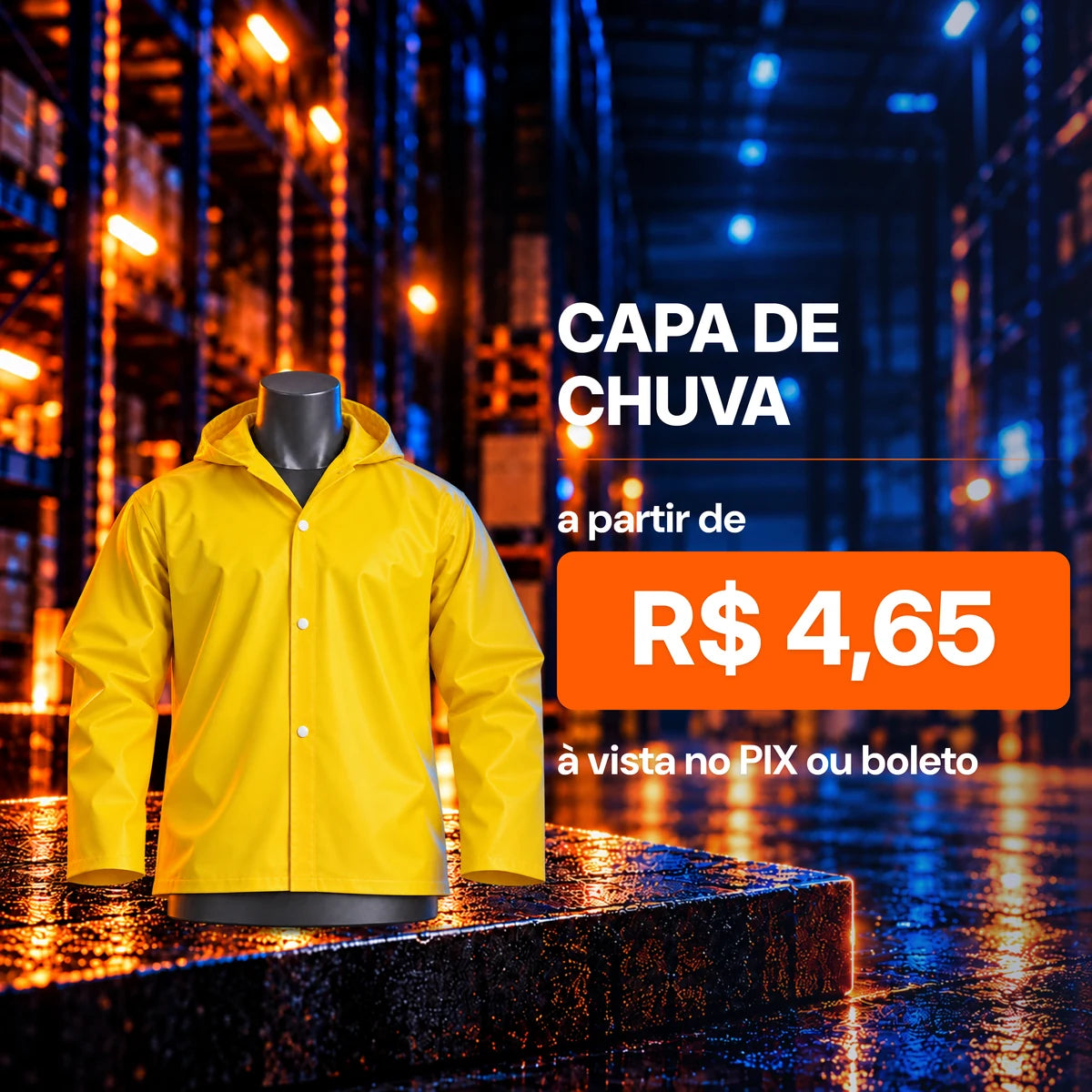 Capas de chuva a partir de R$ 4,65 à vista no Pix ou boleto. Capa amarela com capuz.