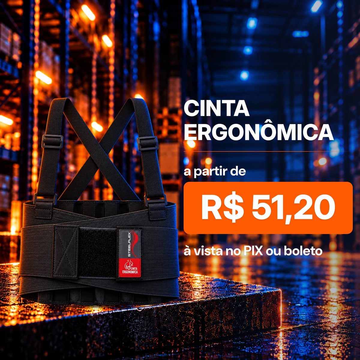 Cintas ergonômicas lombares a partir de R$ 51,20 à vista no Pix ou boleto. Cinta preta com suspensórios.