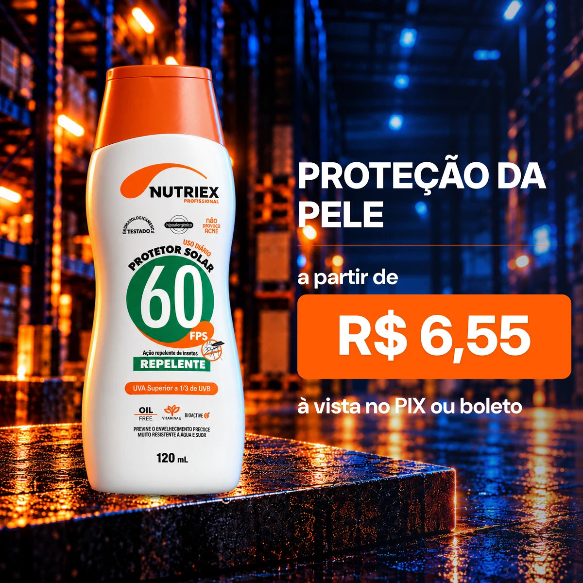 Proteção da pele a partir de R$ 6,55 à vista no Pix ou boleto. Frasco de protetor solar Nutriex.