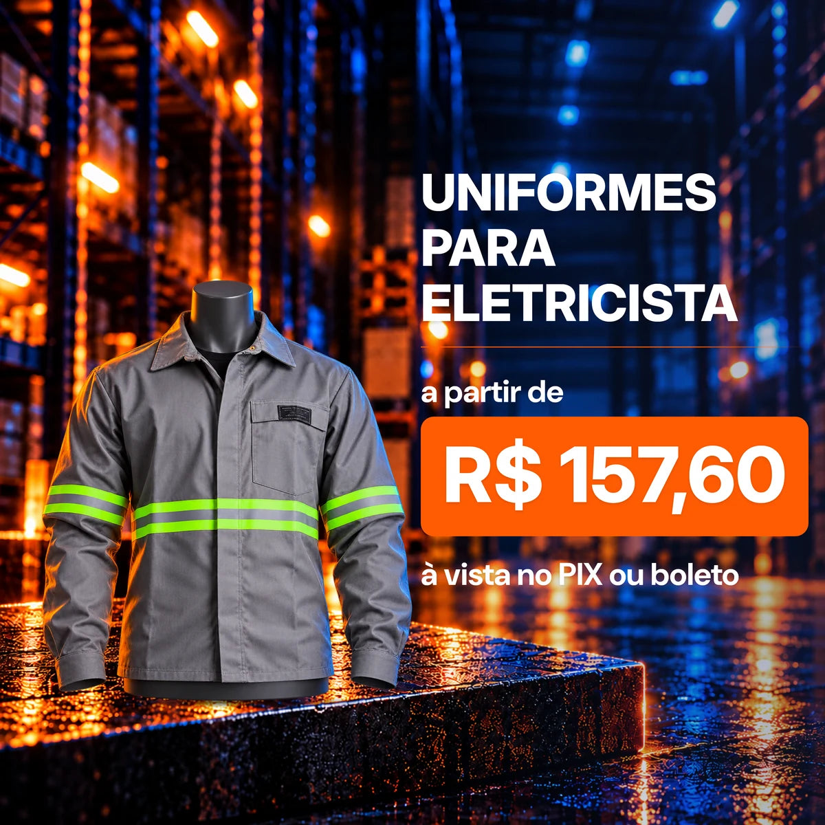 Uniformes para eletricista a partir de R$ 157,60 à vista no Pix ou boleto. Camisa cinza com faixas refletivas.