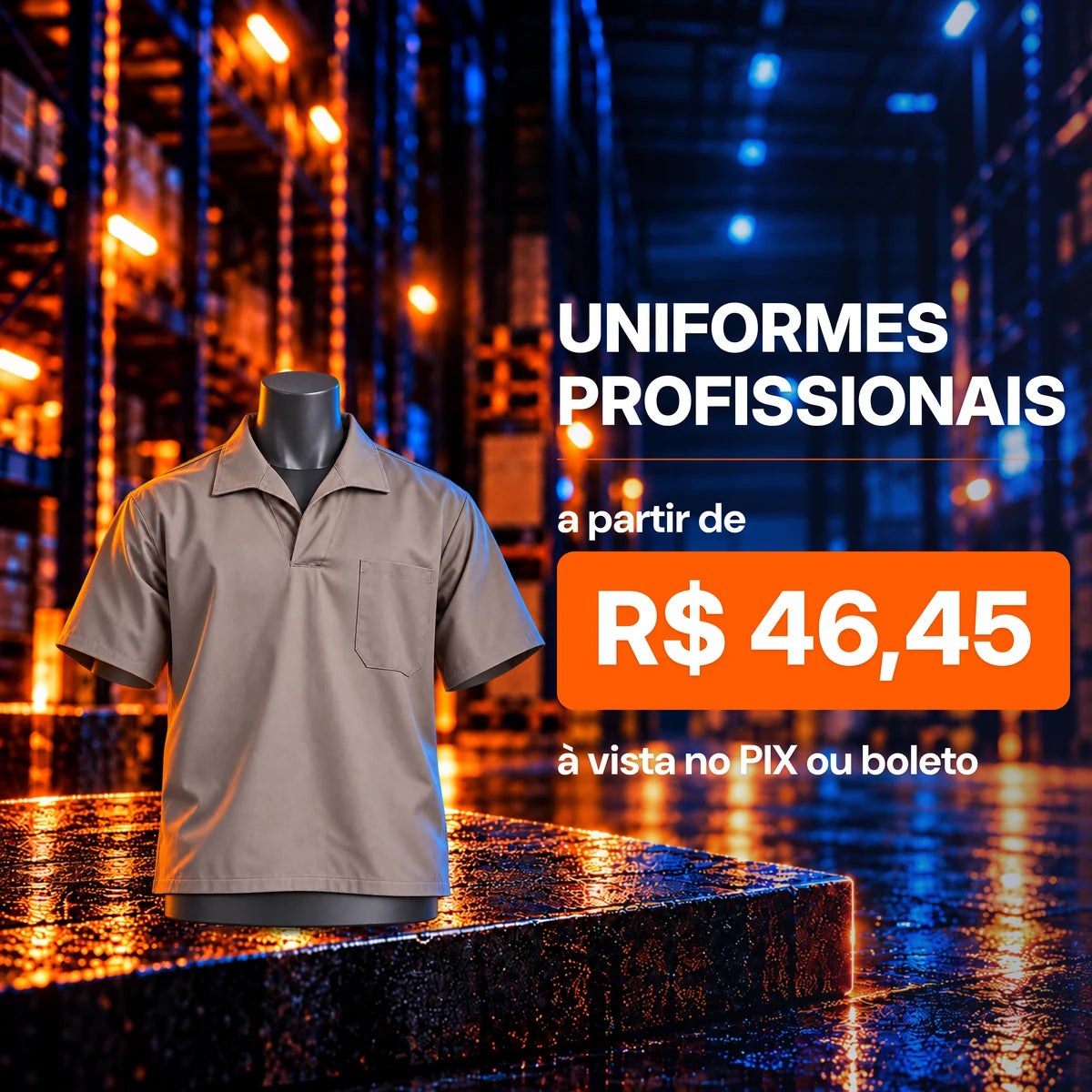 Uniformes profissionais a partir de R$ 46,45 à vista no Pix ou boleto. Camisa cinza de manga curta.
