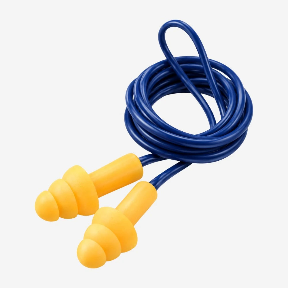 Protetor auditivo plug de silicone amarelo Maxxi Royal com cordão liso azul, três flanges, CA 11512