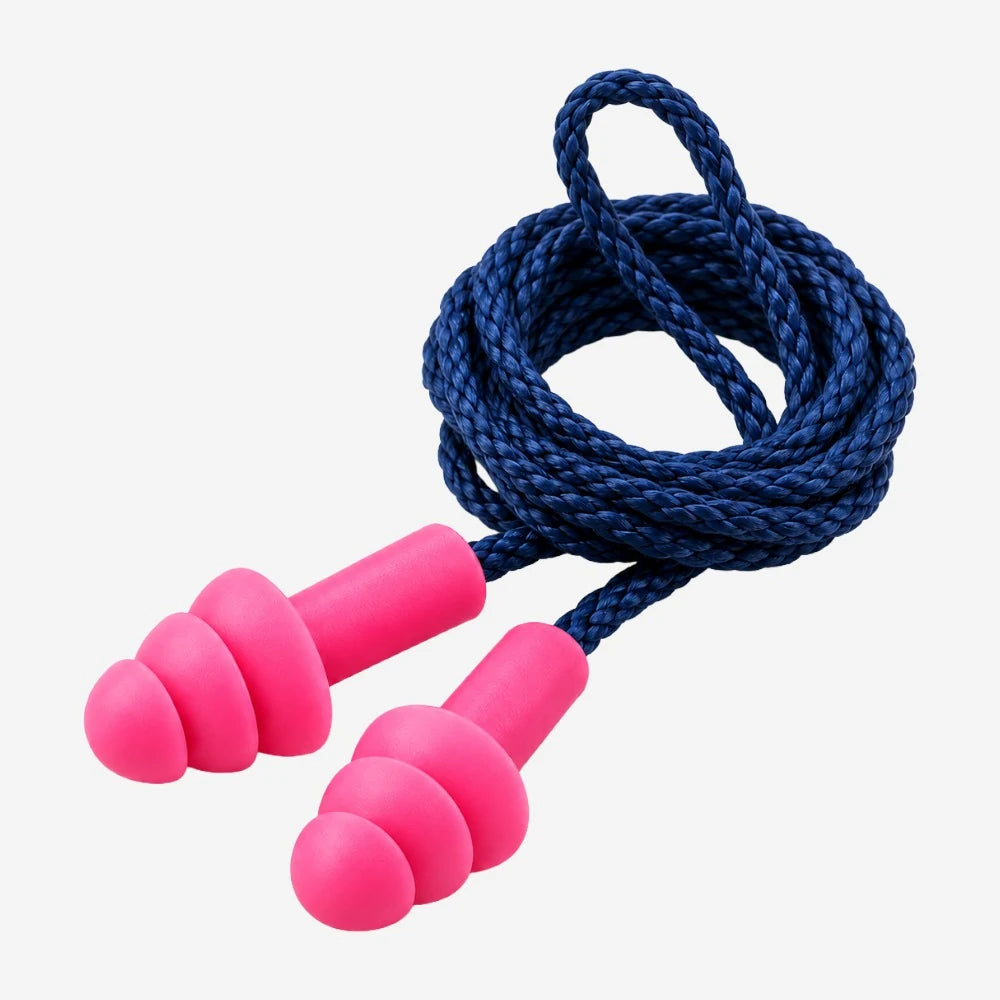 Protetor auditivo plug de silicone rosa Maxxi Royal com cordão têxtil azul, três flanges, CA 11512