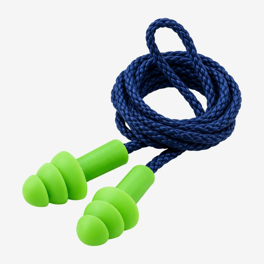 Protetor auditivo plug de silicone verde Maxxi Royal com cordão azul-marinho trançado, CA 11512
