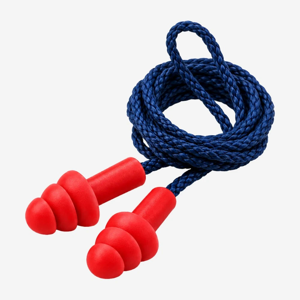 Protetor auditivo plug de silicone vermelho Maxxi Royal com cordão têxtil azul, três flanges, CA 11512